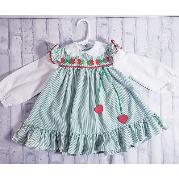Vintage 80's Baby Girls Green Stripe Dress With Hearts - Picture 1 of 6